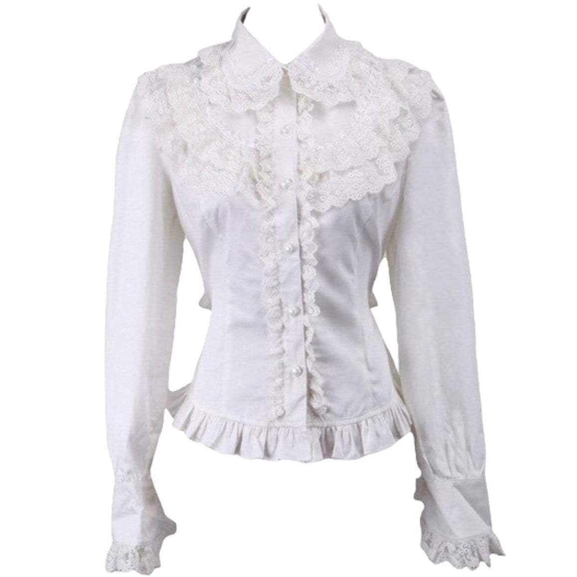 White, long-sleeved blouse with lace and pearl details.
