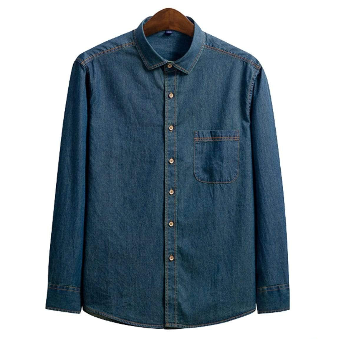 Blue denim shirt on a hanger.
