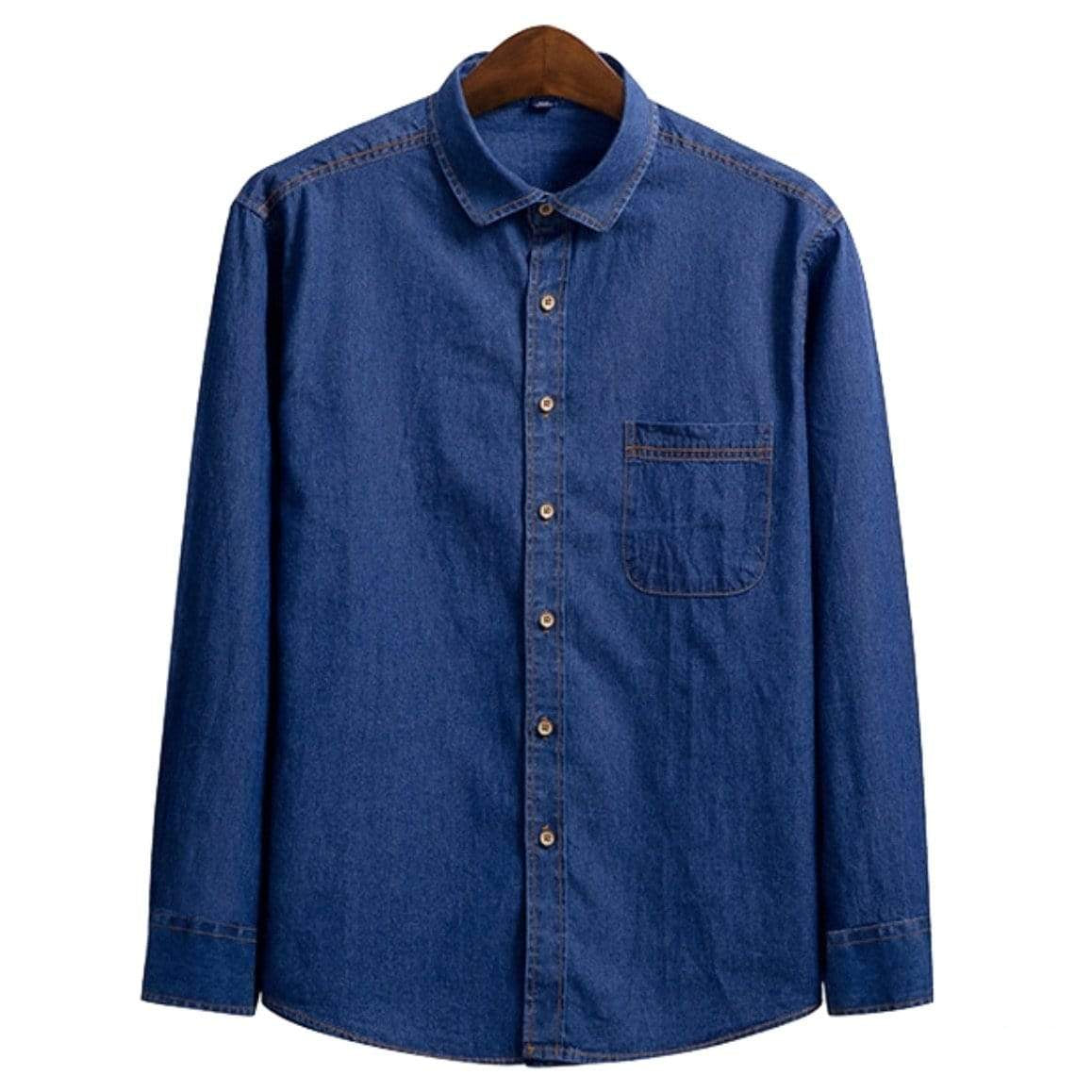 Blue denim shirt on wooden hanger.