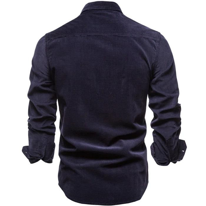 Back view of a dark blue corduroy long-sleeve shirt.