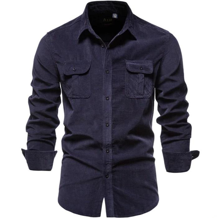 Navy corduroy long-sleeved shirt.