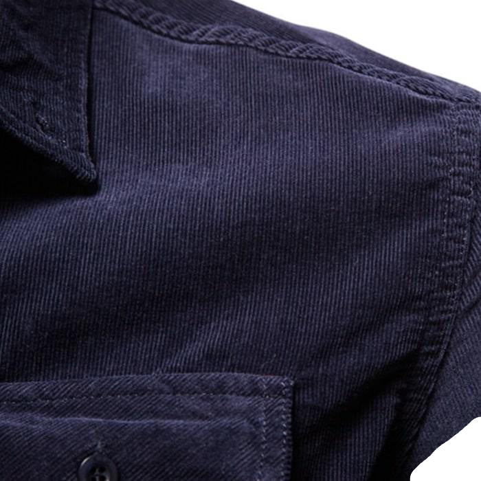 Close-up of a blue corduroy shirt.