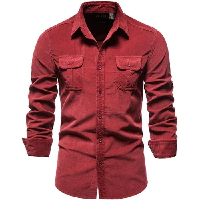 Red corduroy long-sleeve shirt.
