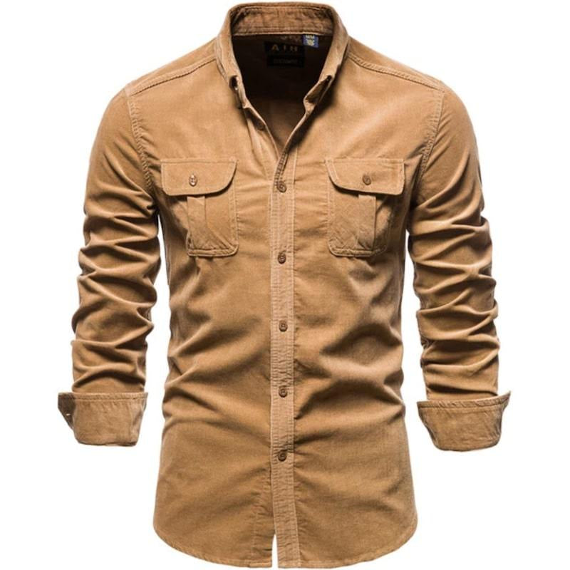 A brown corduroy long-sleeve shirt with two chest pockets.