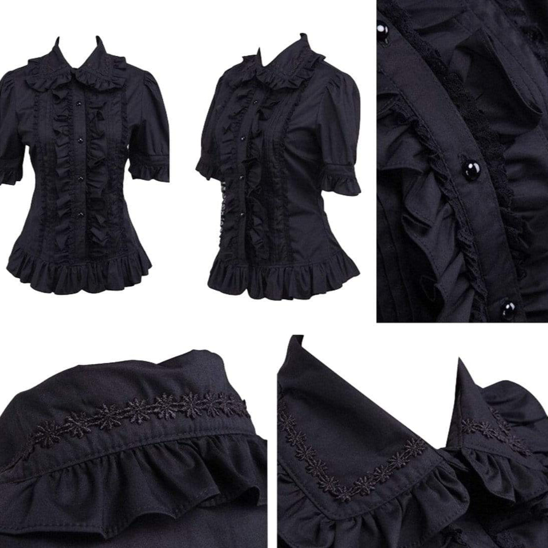 Black, short-sleeved, ruffled blouse.
