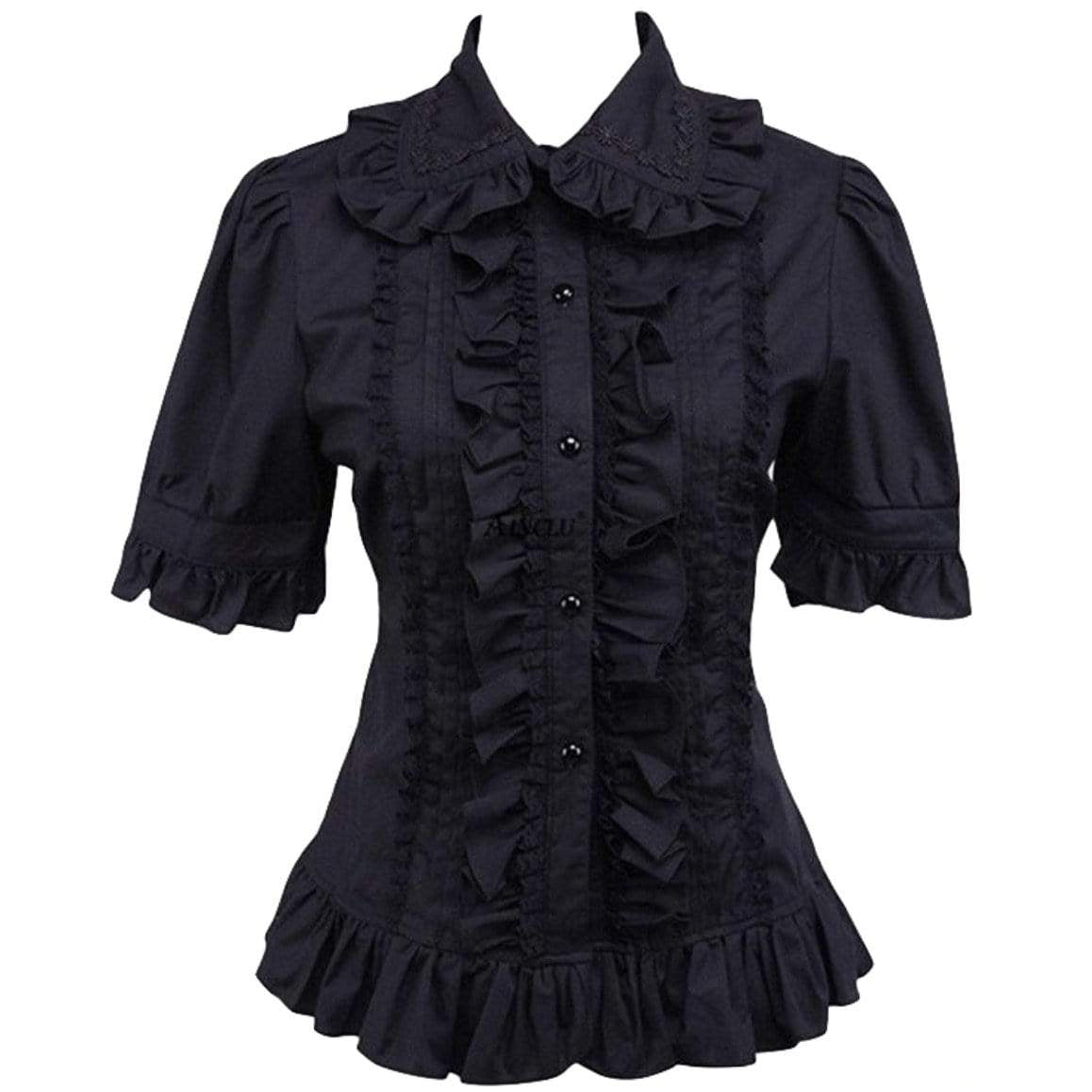 Black ruffled blouse with short sleeves.