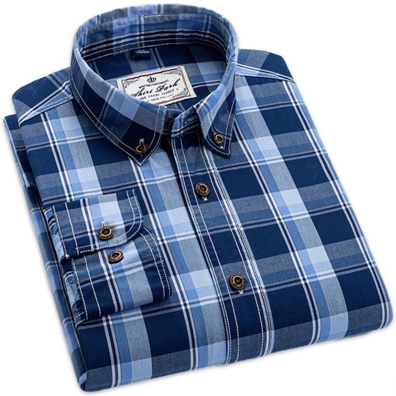 Folded blue plaid button-down shirt.
