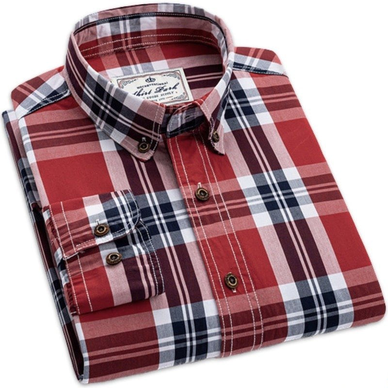 Red and white plaid button-down shirt.
