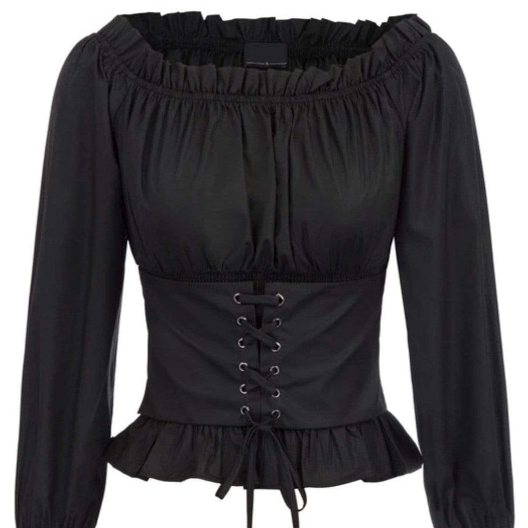 Black, long-sleeved blouse with lace-up corset.
