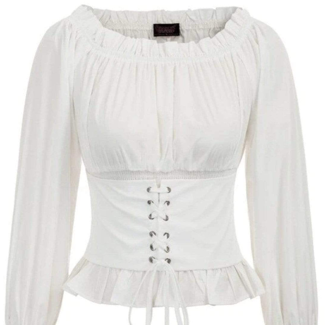 A white, long-sleeved peasant blouse with a corset-style bodice and ruffles.