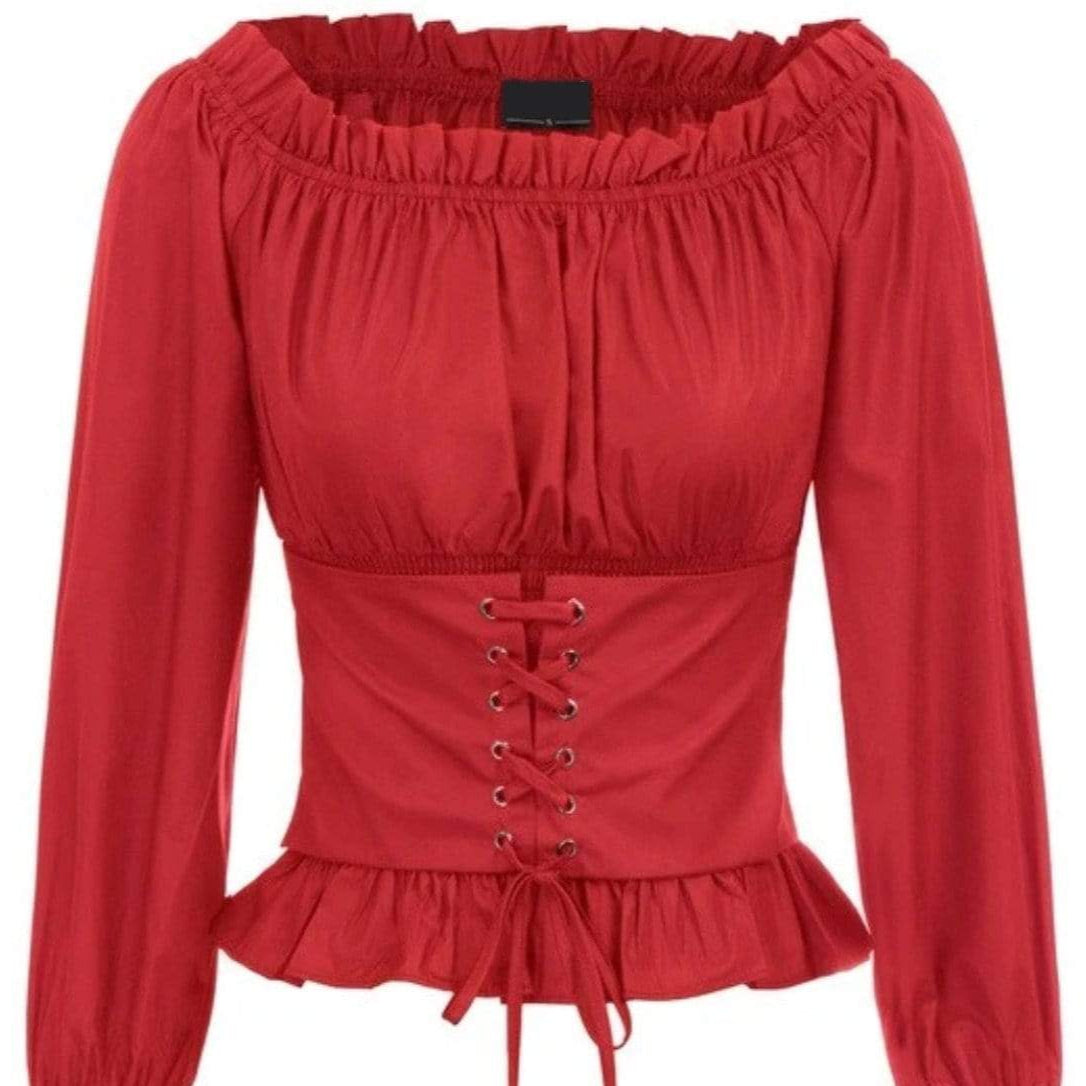 Red off-the-shoulder corset-style blouse with long sleeves and ruffles.