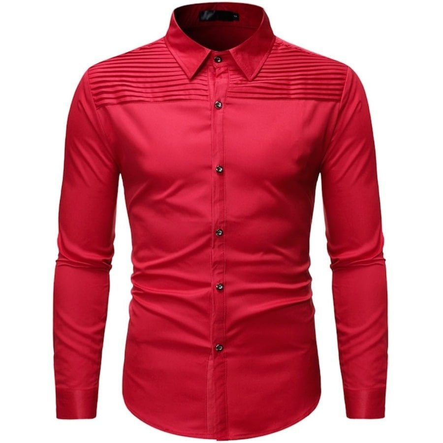 Red long-sleeved dress shirt with pleats.