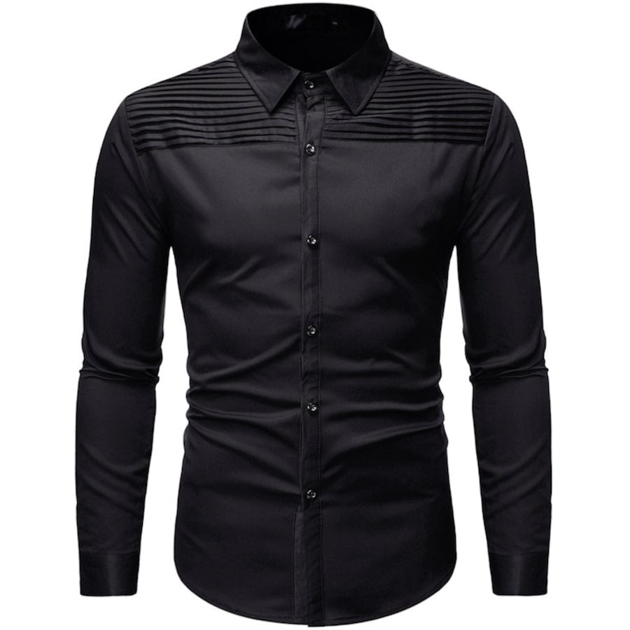 Black, long-sleeved dress shirt with a textured stripe design across the chest and yoke.
