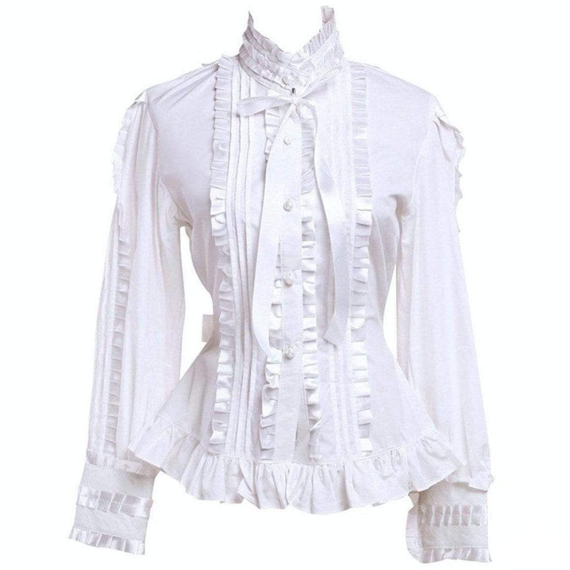 White Victorian blouse with ruffles and tie. 
