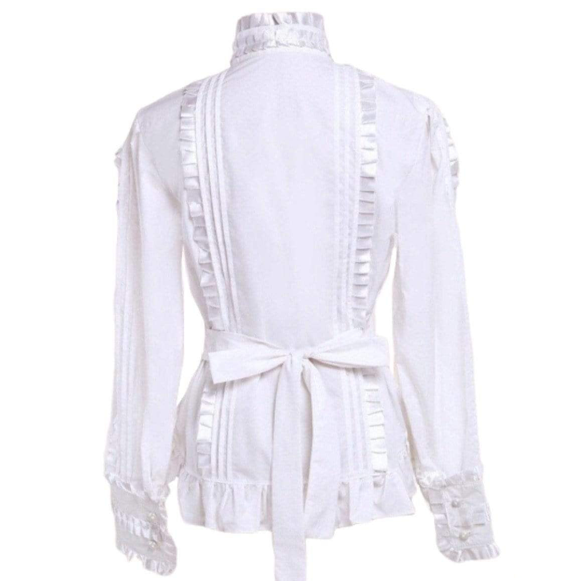 Back view of a white Victorian-style blouse with ribbon details and a waist tie.
