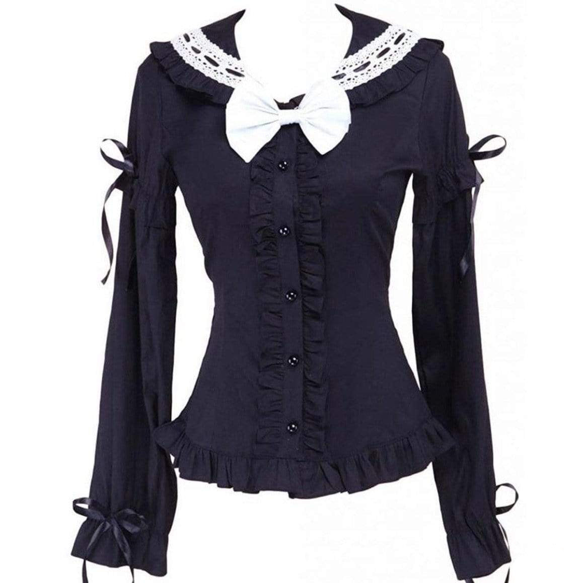 Black, long-sleeved blouse with white collar, bow, ruffles, and ribbon accents.