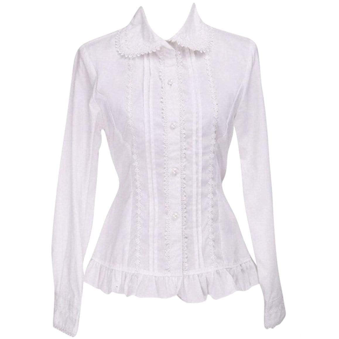 White blouse with lace accents and ruffled hem.
