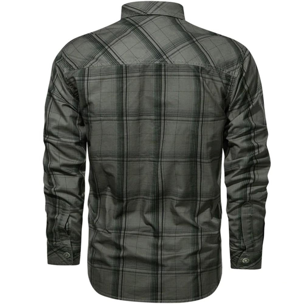 Back of a gray and black plaid long sleeve shirt.