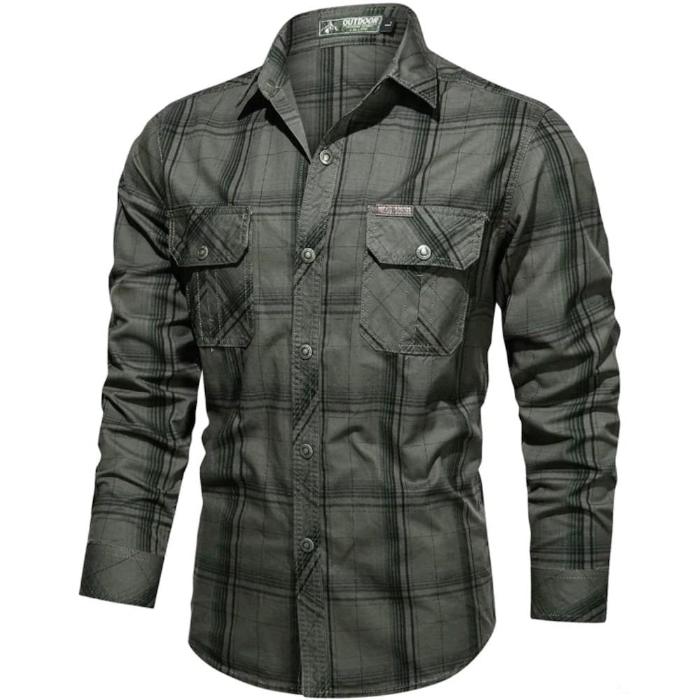 Olive green plaid button-up shirt.