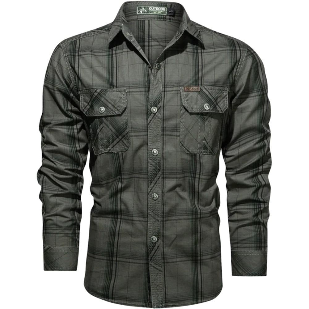 Gray plaid button-down shirt.