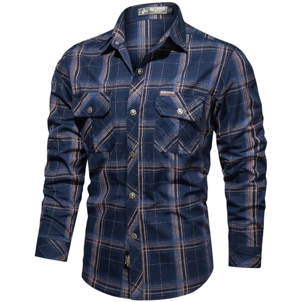 Long-sleeved, blue and brown plaid shirt.