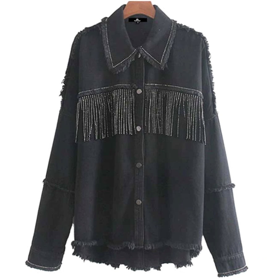 Black denim jacket with rhinestone fringe and frayed edges.
