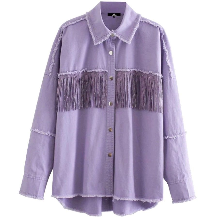 Lilac denim shirt with fringe detail.
