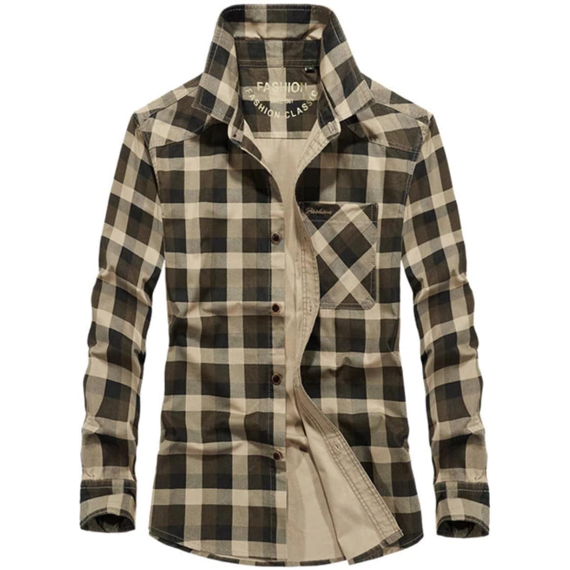 Olive-green plaid shirt with long sleeves.