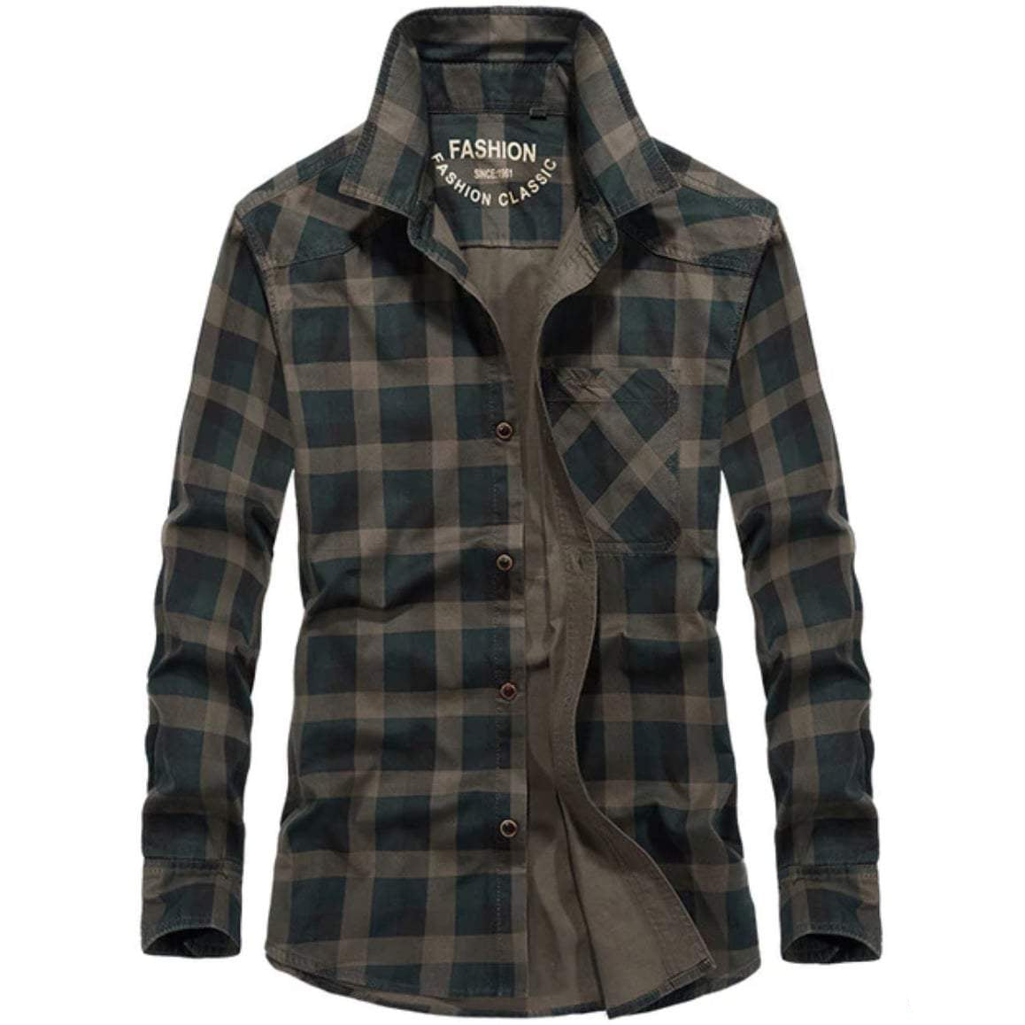 Dark green and brown plaid long sleeve shirt with a pocket.