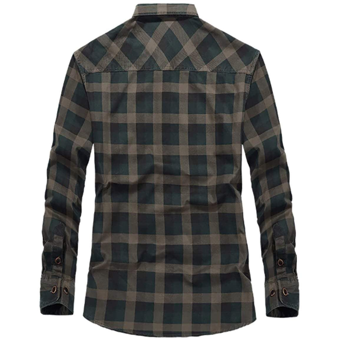 Back view of a long-sleeved green and brown plaid shirt.