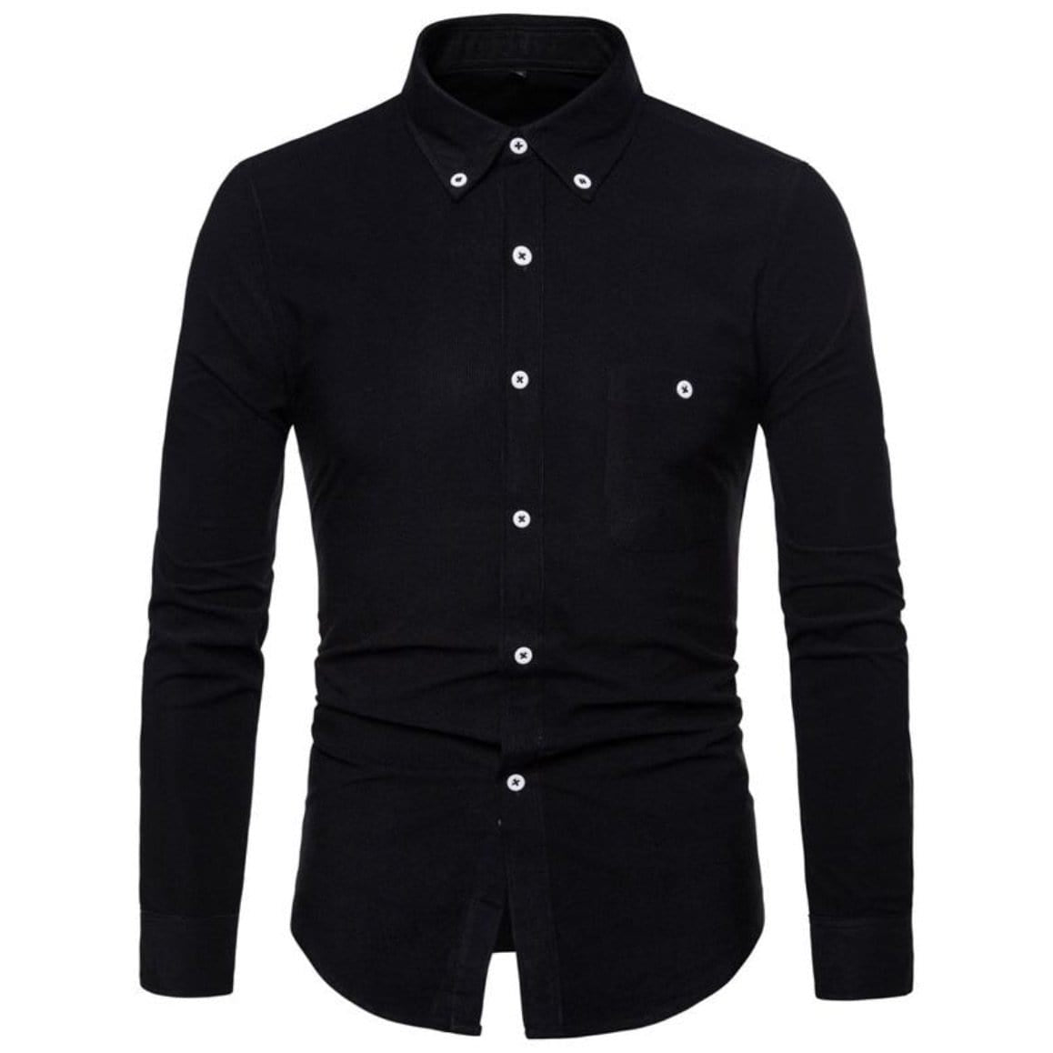 Black long-sleeved button-down shirt.