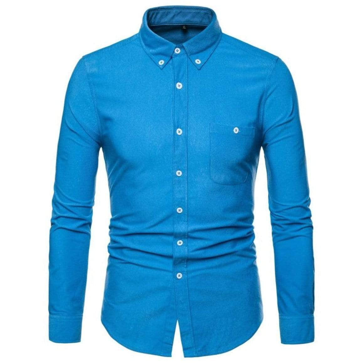 A blue button-down shirt.
