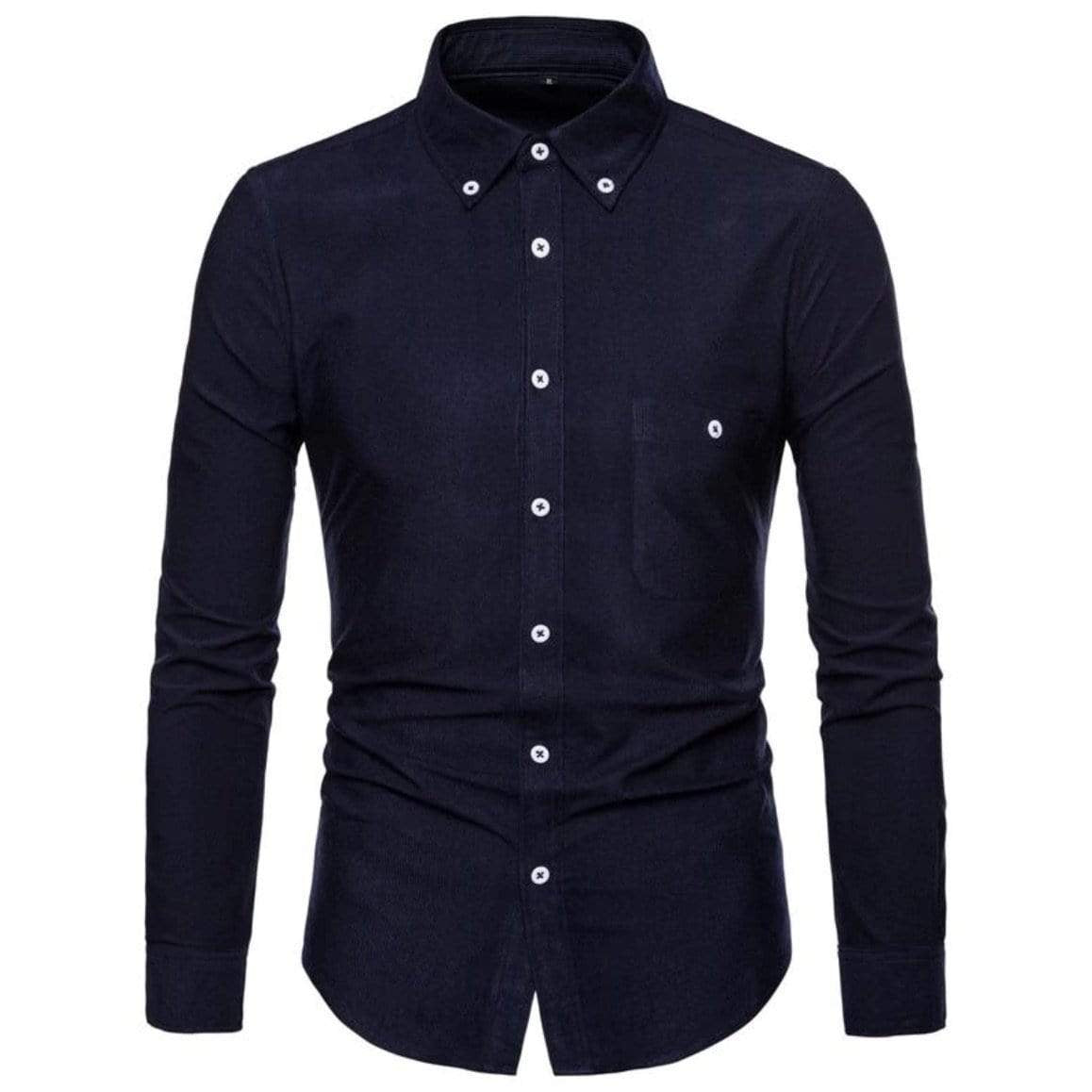 Dark blue long-sleeved button-down shirt with a pocket.
