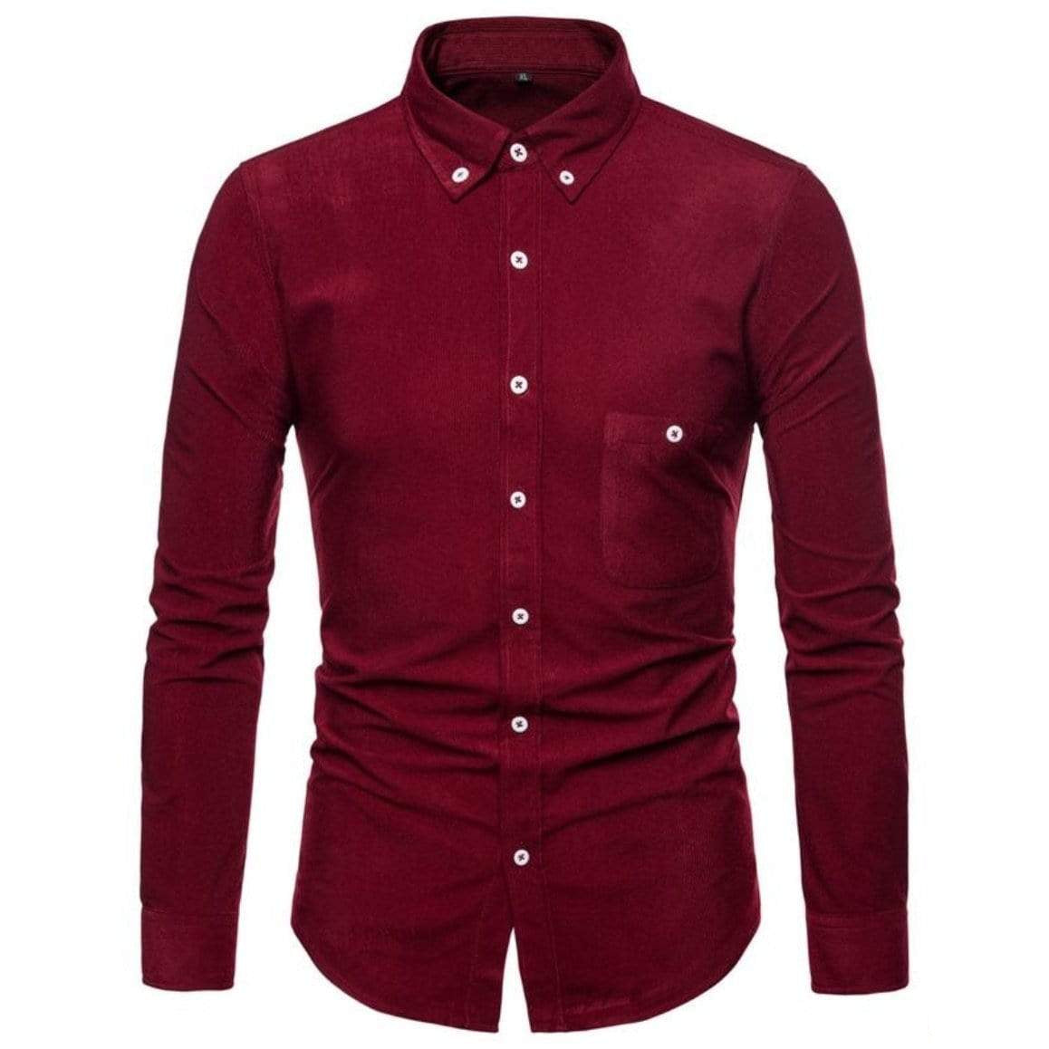 Maroon corduroy long-sleeve shirt.