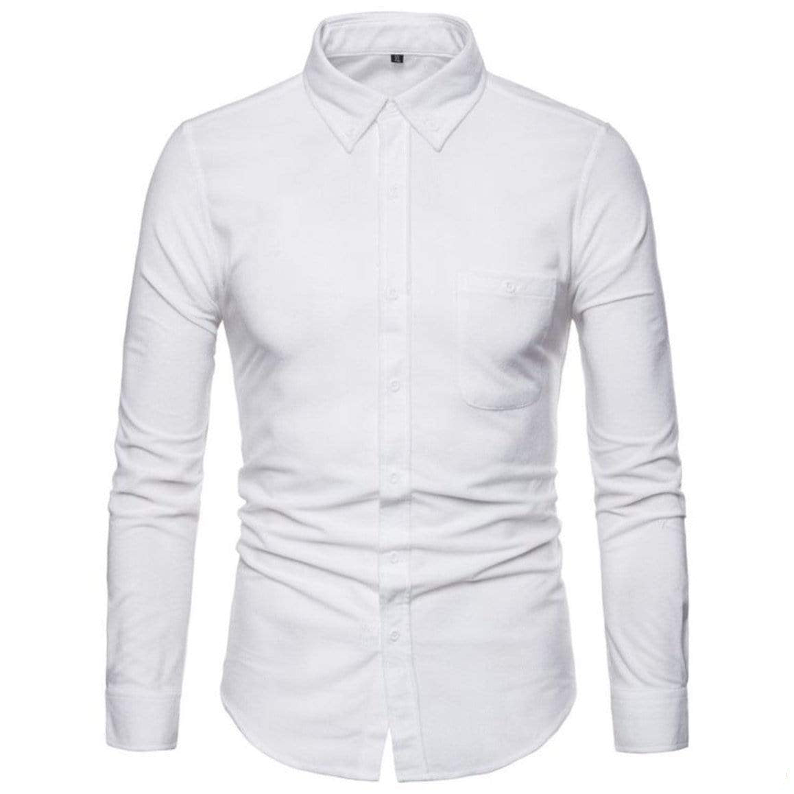 White long-sleeved button-up shirt with pocket.