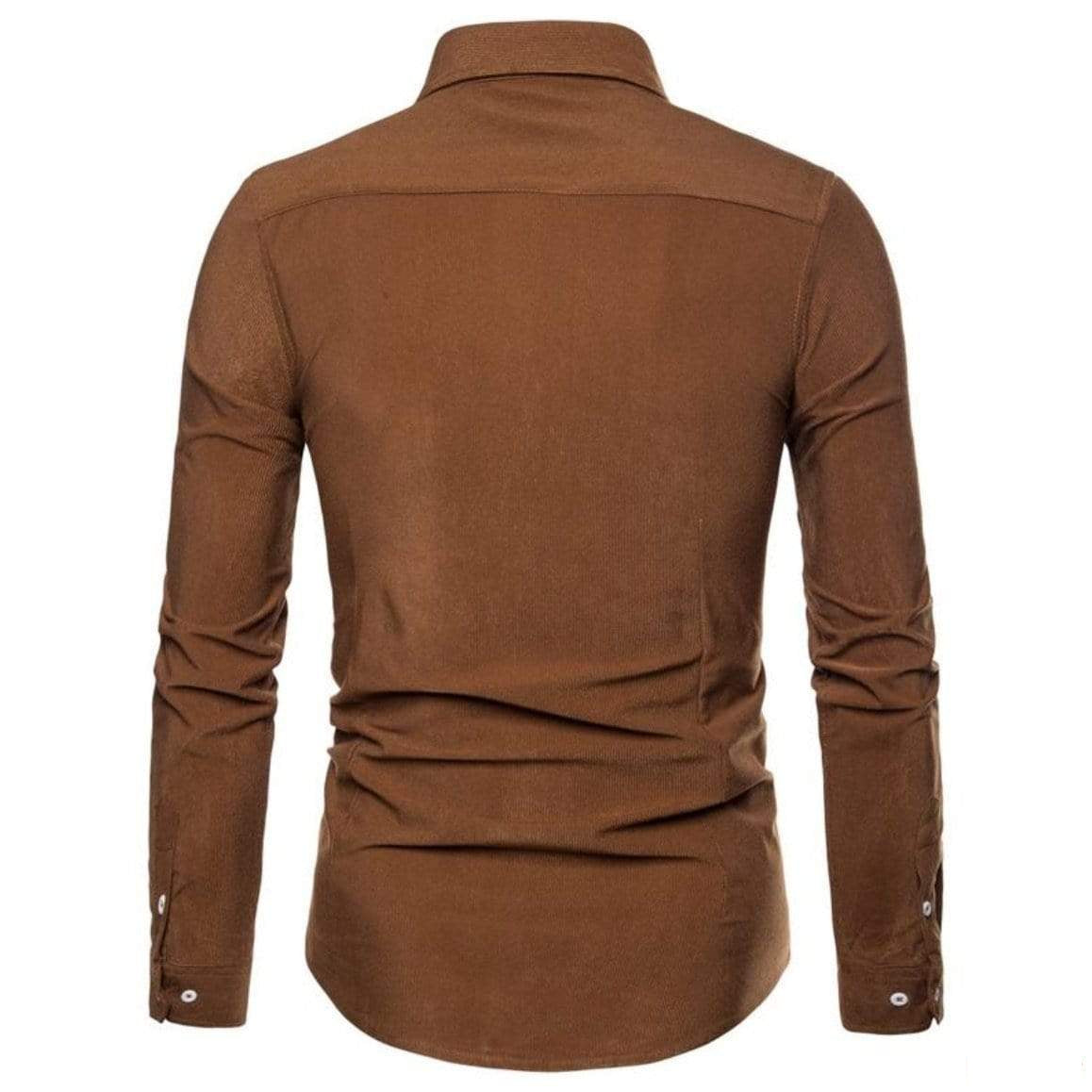 Brown long-sleeved button-down shirt, back view.