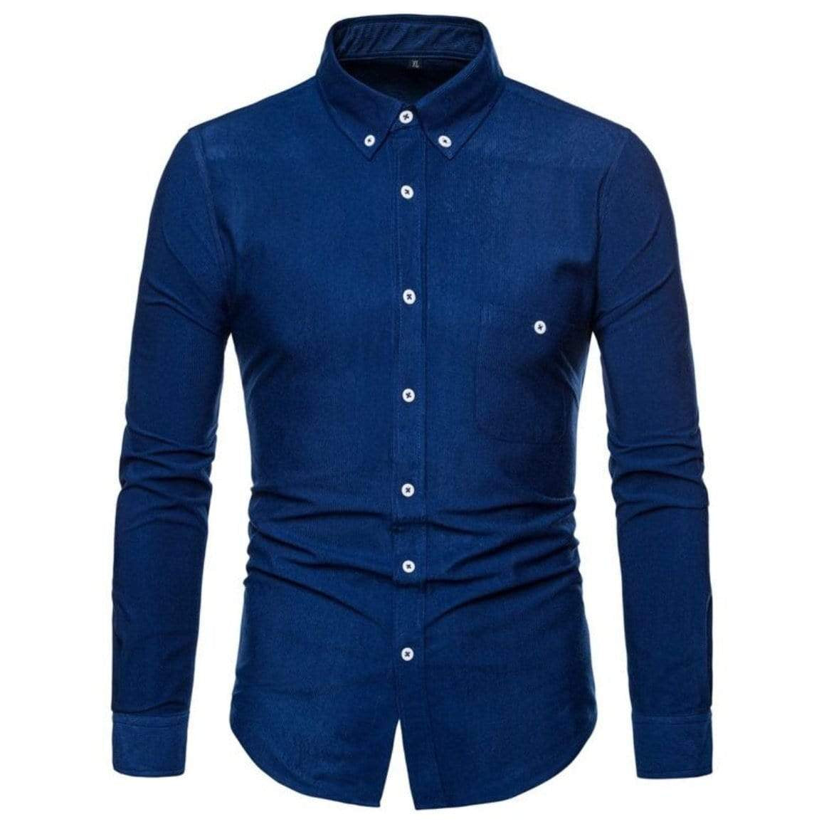 Blue long-sleeved button-down shirt.