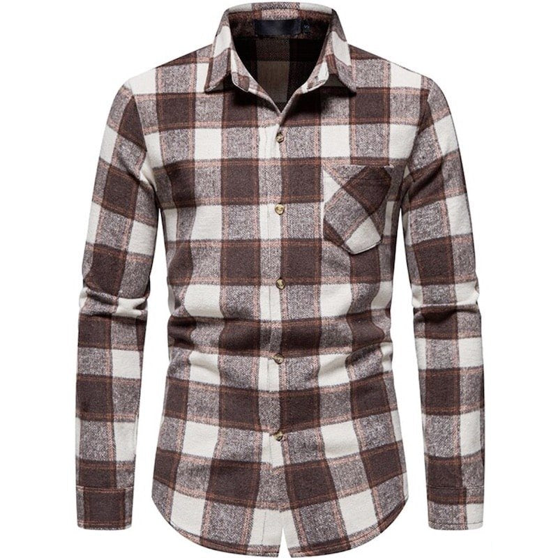 Brown and white checkered flannel shirt.