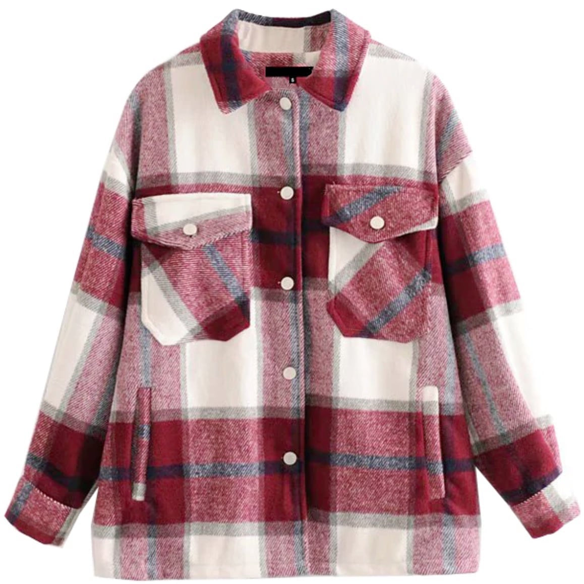 Red and white plaid flannel shirt-jacket with chest pockets.
