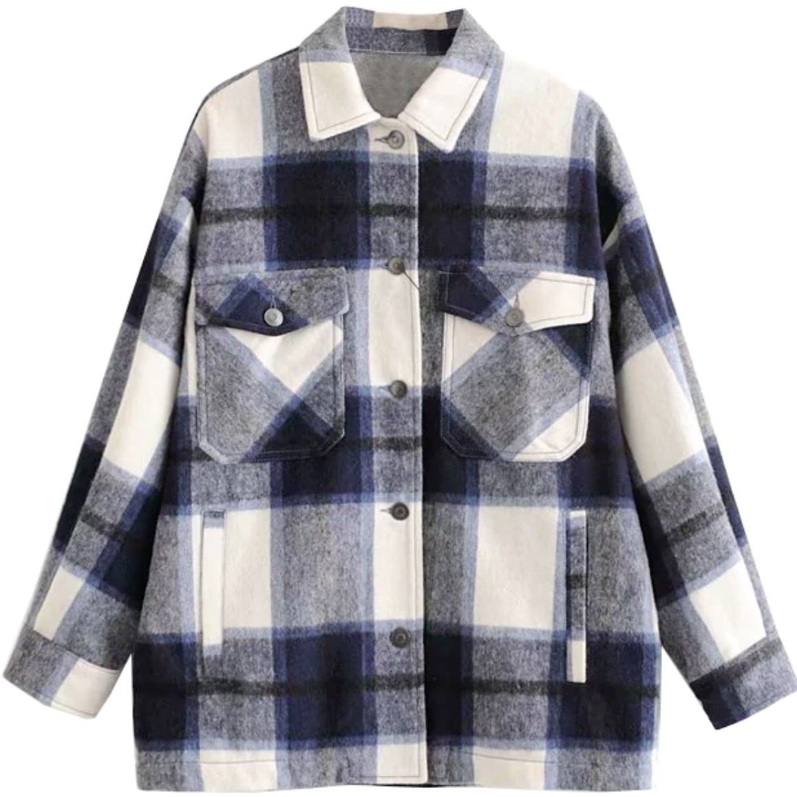 Blue and white plaid overshirt.
