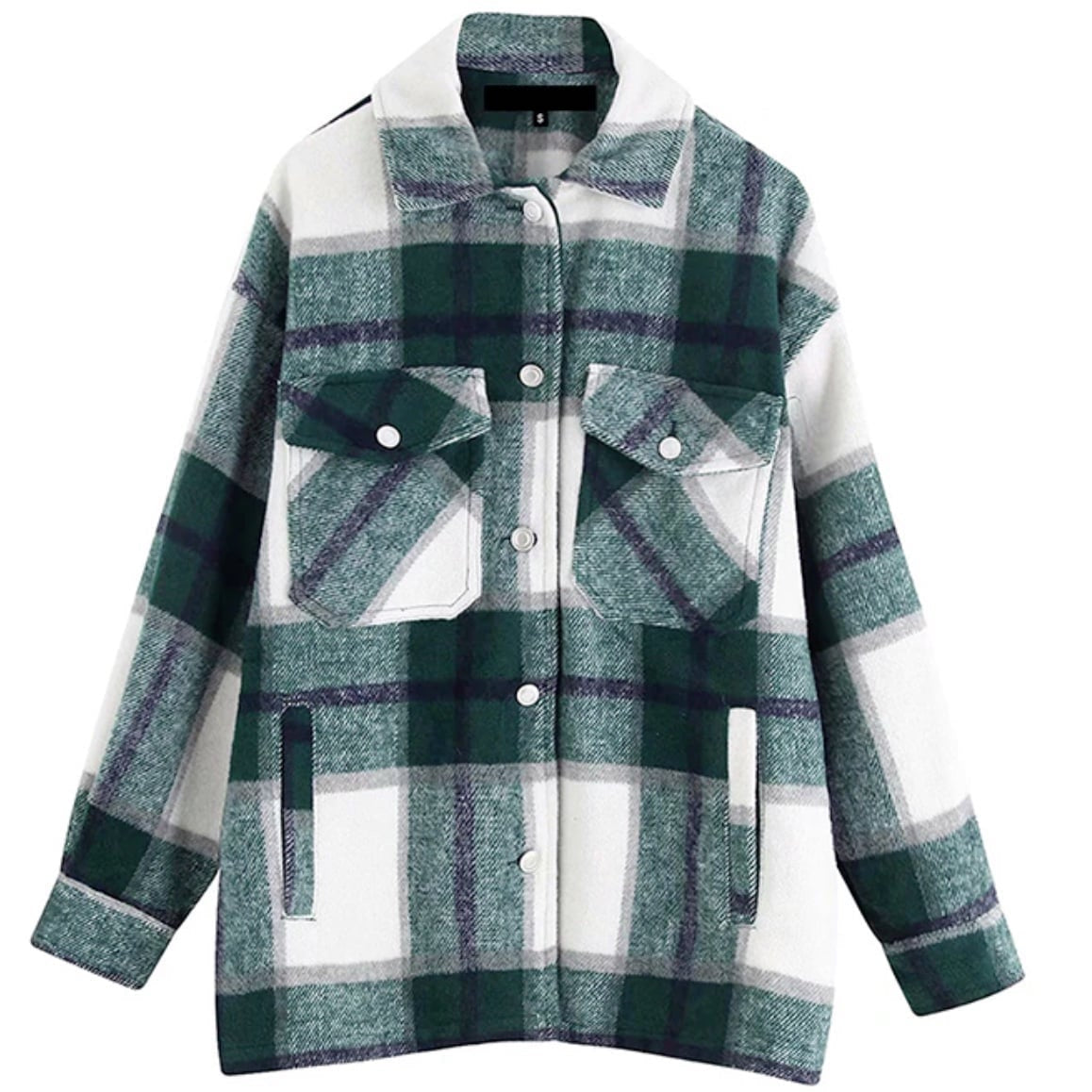 Green and white plaid button-up jacket.