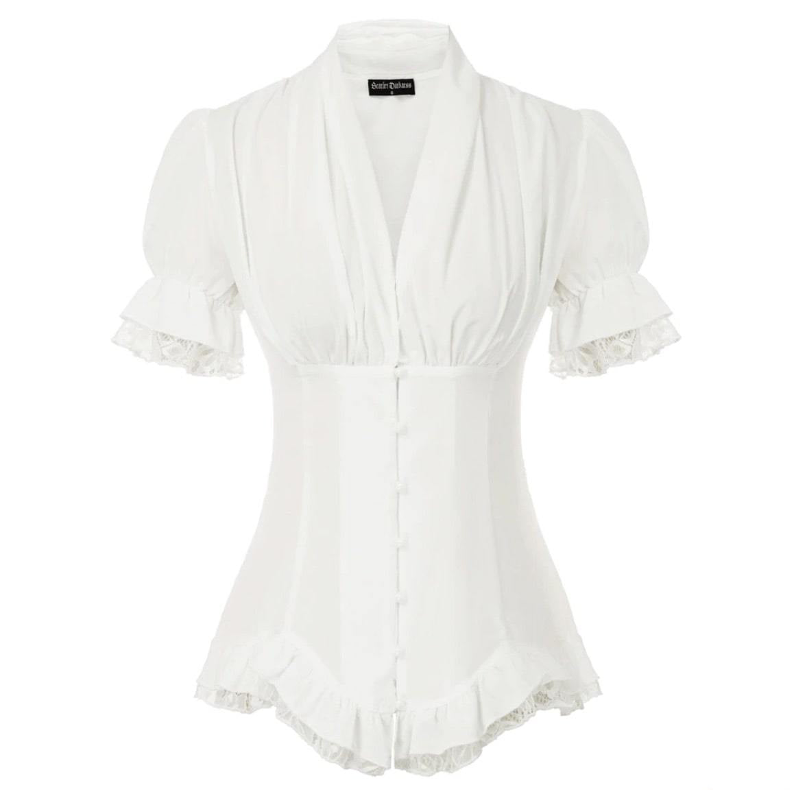 White Victorian-style blouse with lace trim.
