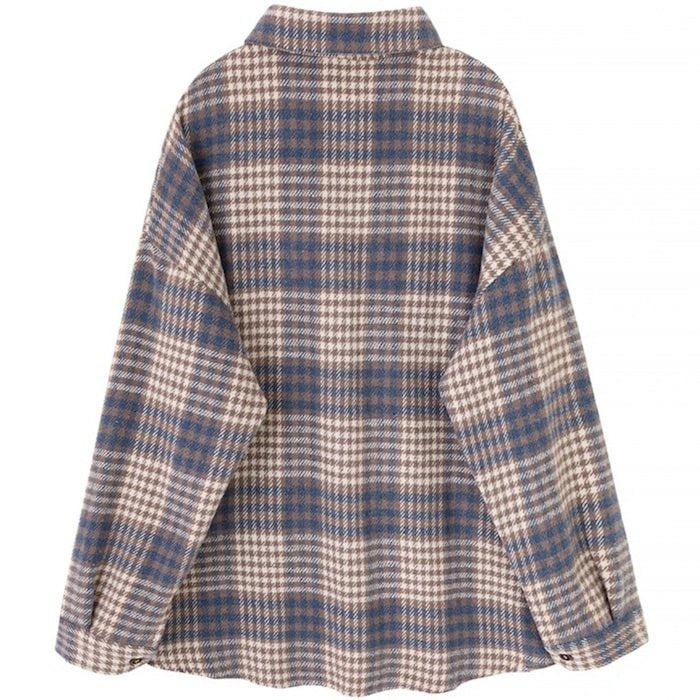 Blue and brown plaid flannel shirt back view.