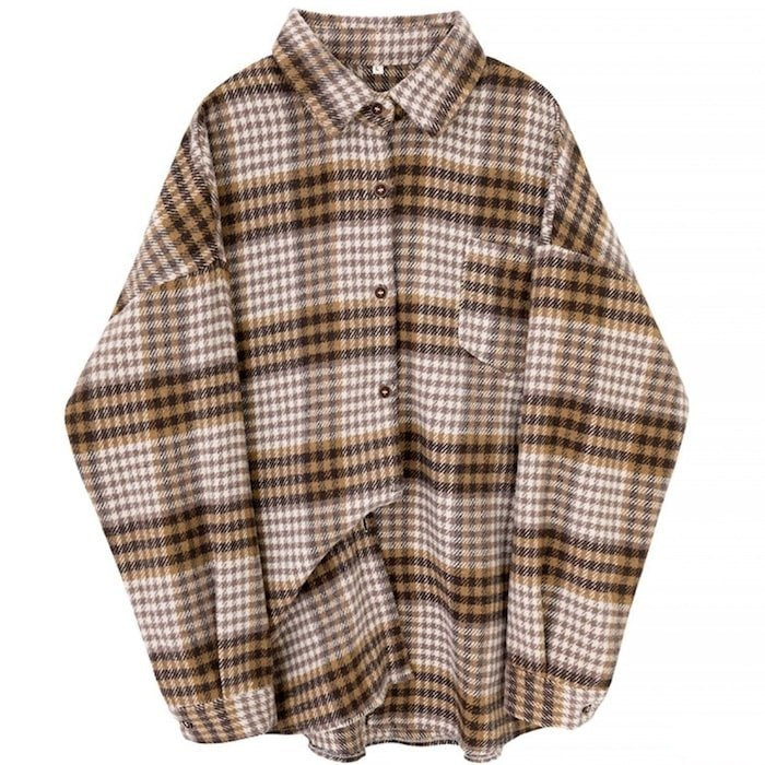 Brown and white plaid flannel shirt.
