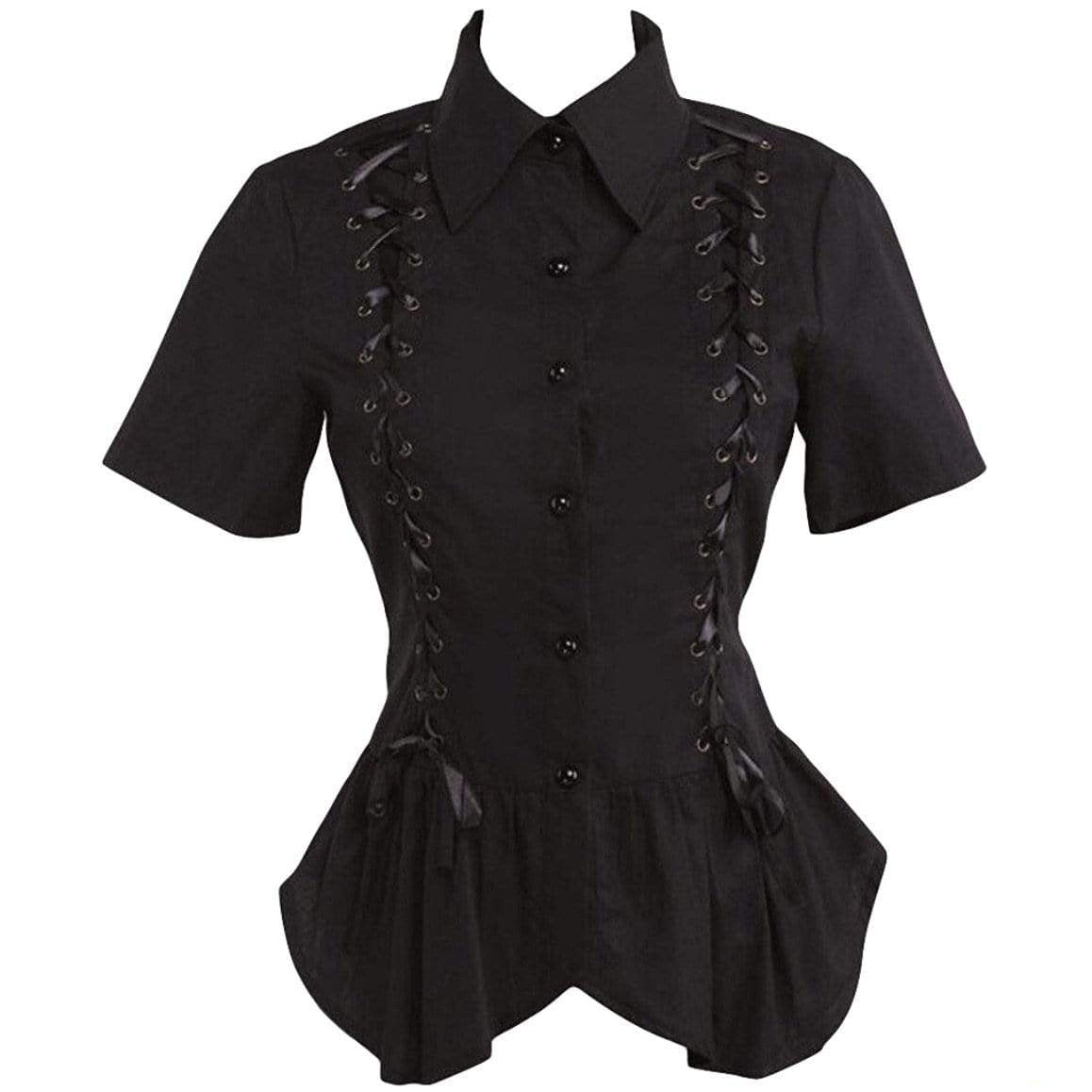 Black collared button-up shirt with corset lacing.