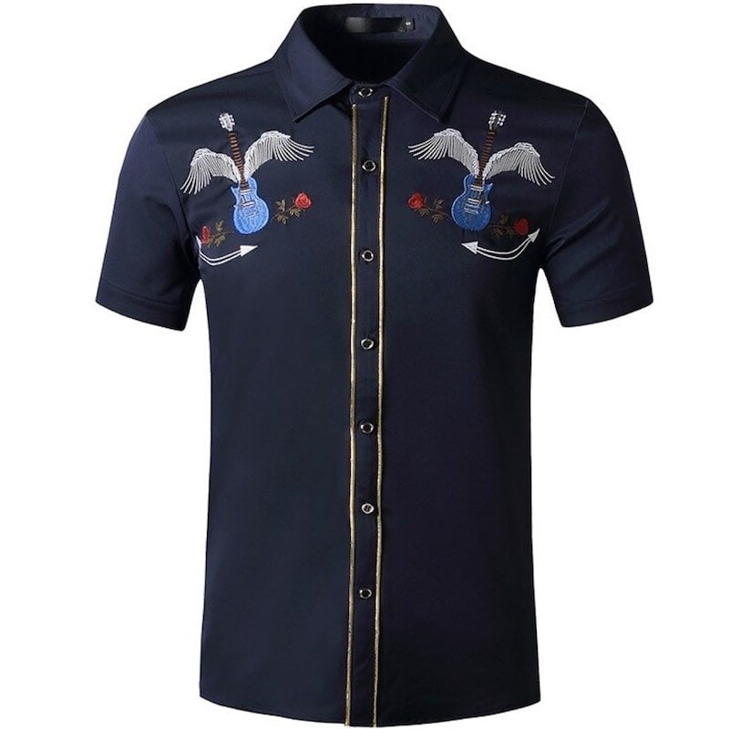 Dark blue short-sleeve shirt with embroidered guitars, wings, roses, and gold trim.