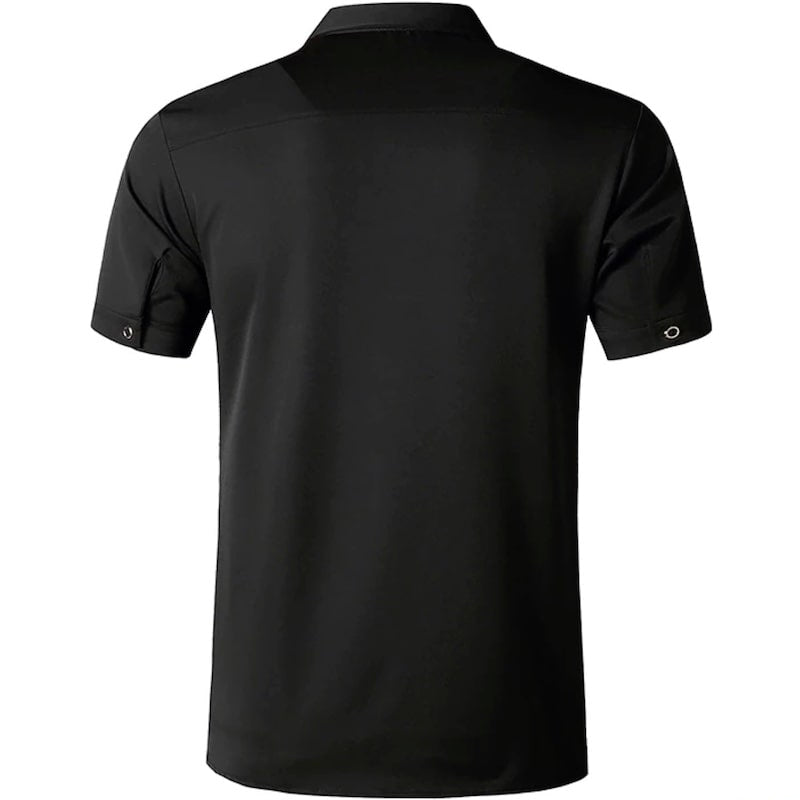 Back of a black short sleeve button-down shirt.