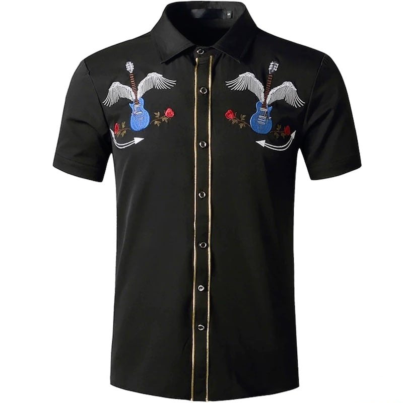 Black short-sleeved shirt with guitar and wing embroidery. 
