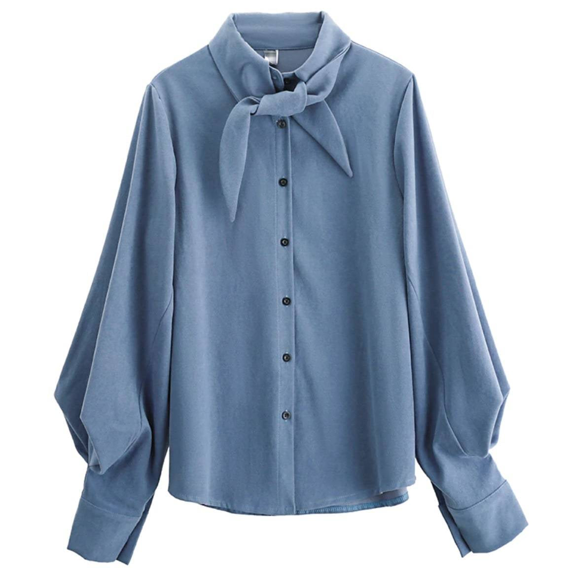 Light blue button-up shirt with tie neck and loose sleeves.
