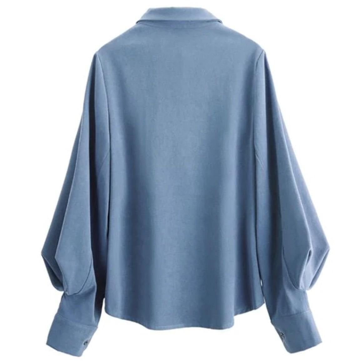 Back view of a light blue collared blouse with balloon sleeves.
